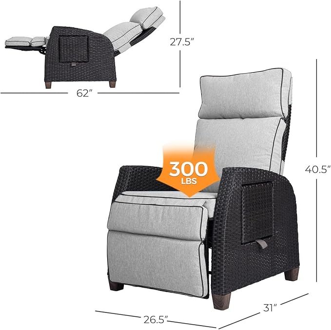 Grand patio Outdoor Recliner Chair Patio 150° Lay Flat Recliner with Flip Table Wicker Reclining Lounge Chair, Griege