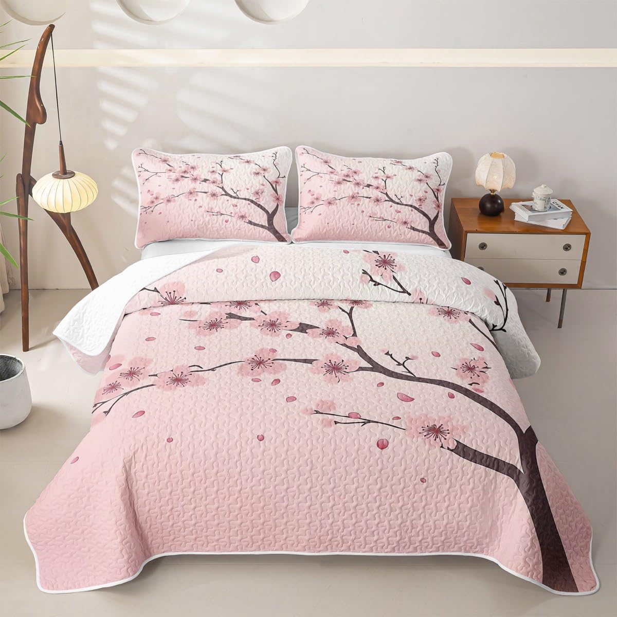 Erosebridal Girl Cherry Blossoms Quilt Full Japanese Style Quilt SetPink Flowers Quilted Bedspread Branches Plant Floral Bedding Coverlet with 2 Pillowcases
