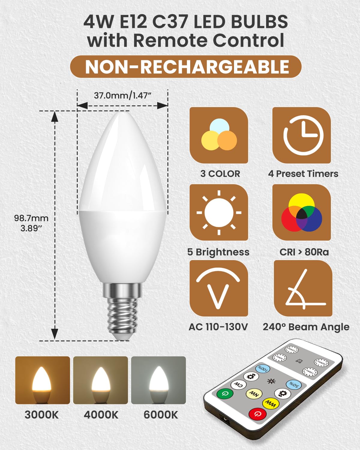 Lustaled 4W E12 LED Candelabra Light Bulbs with Remote Control, Dimmable B11/C37 Candle Bulb 40 Watt Equivalent, 3 Color & Timer 120V for Chandeliers Ceiling Fans Night Lamps, Non-Rechargeable