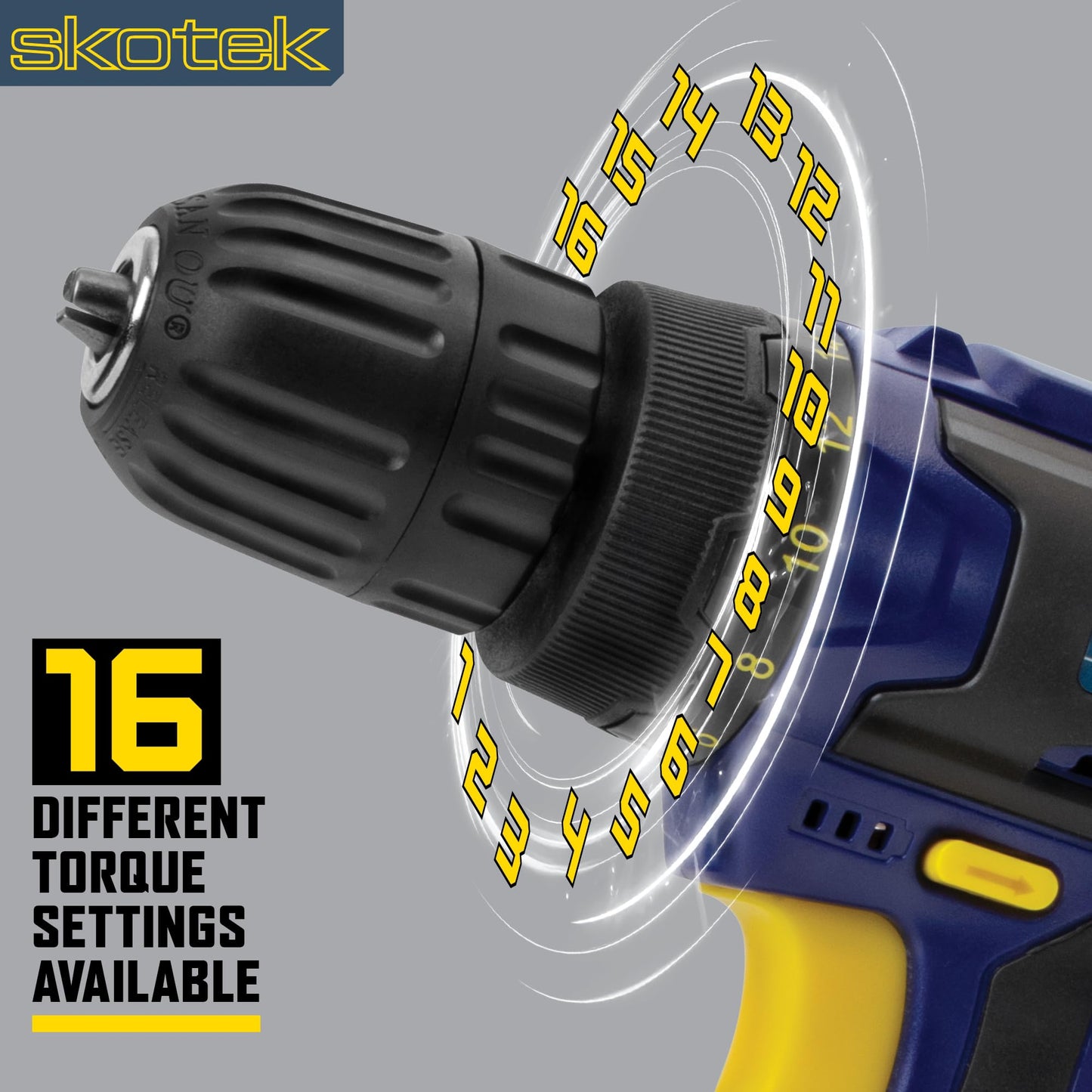 Skotek Cordless Drill Driver 18V Lithium-Ion, 13Pc Electric Screwdriver Set, LED Work Light, Electric Drill Quick Change Power Drill Battery and Charger Included