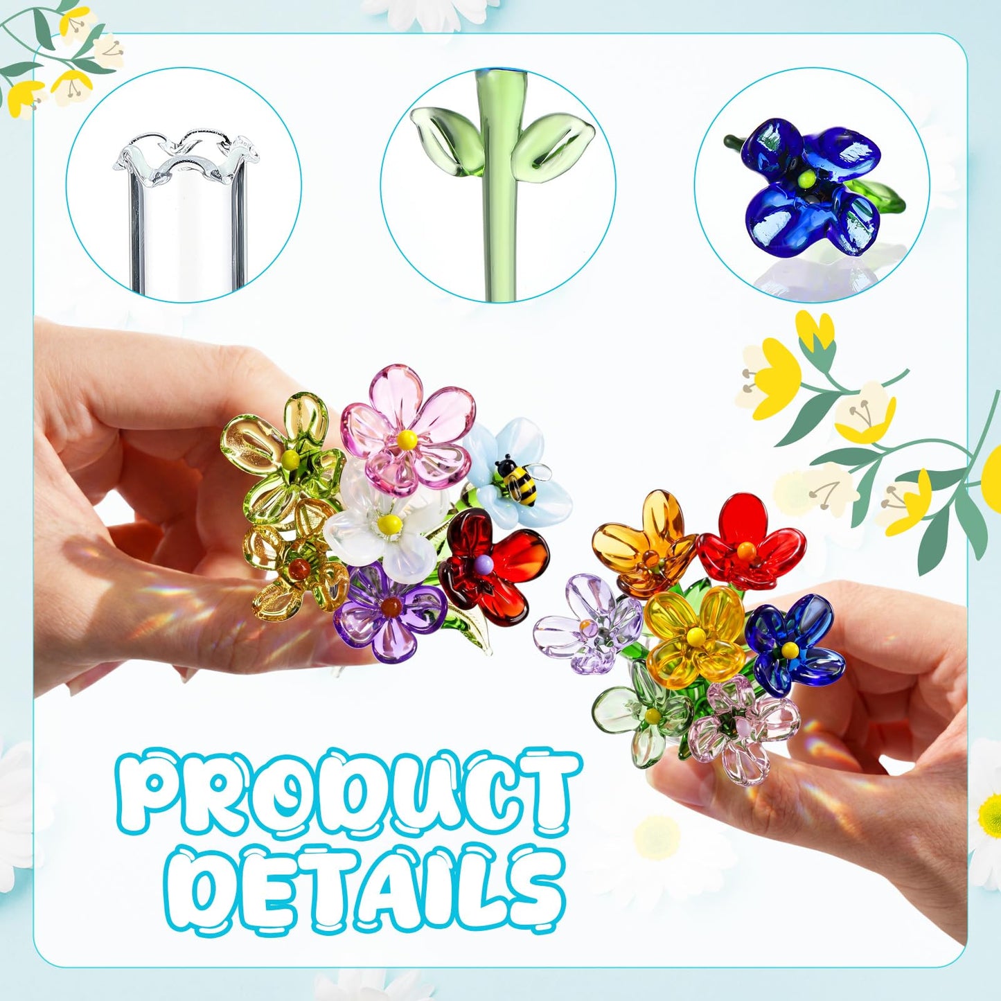 Fiwochic 14 Pcs Miniature Glass Flower Leave and 2 Pcs Vase Set Small Mini Glass Birth Month Flower with Stems Crystal Wildflower Bouquet for Women Mom Mother's Day Office Home Table Centerpiece