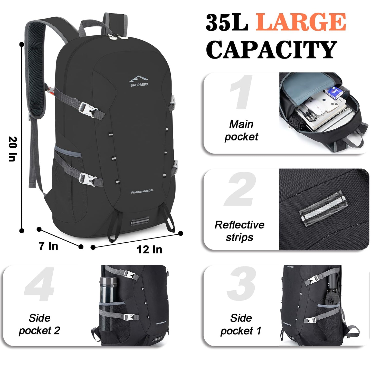 BAGPARKK 35L Lightweight Packable Travel Hiking Backpack Daypack,Water Resistant Camping Daypack (Black（35L）)