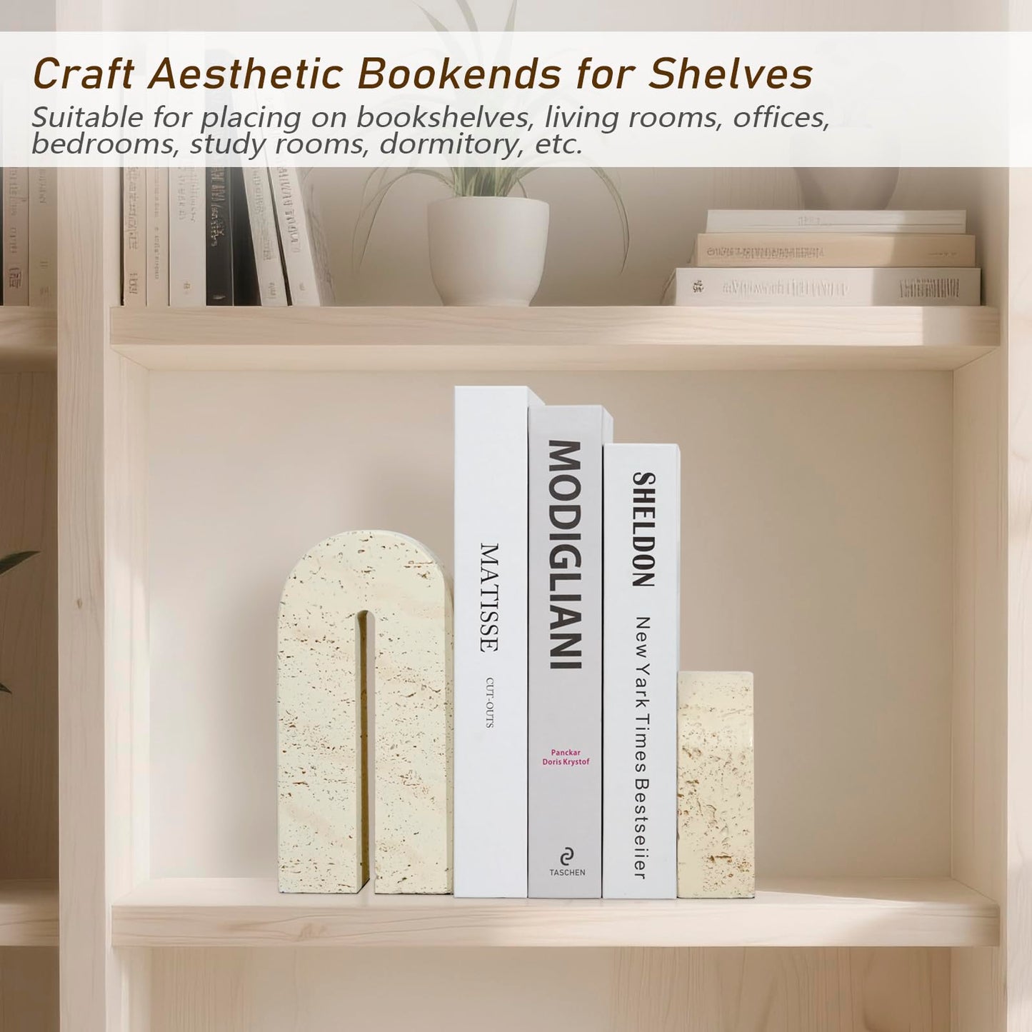 BOHDK Book Ends for Shelves, Resin Heavy Duty Decorative Bookends, Retro Arch Book Holder for Heavy Books, Imitation Travertine Book Stopper for Home Decor, Study, Bookshelf, Desktop, Set of Two