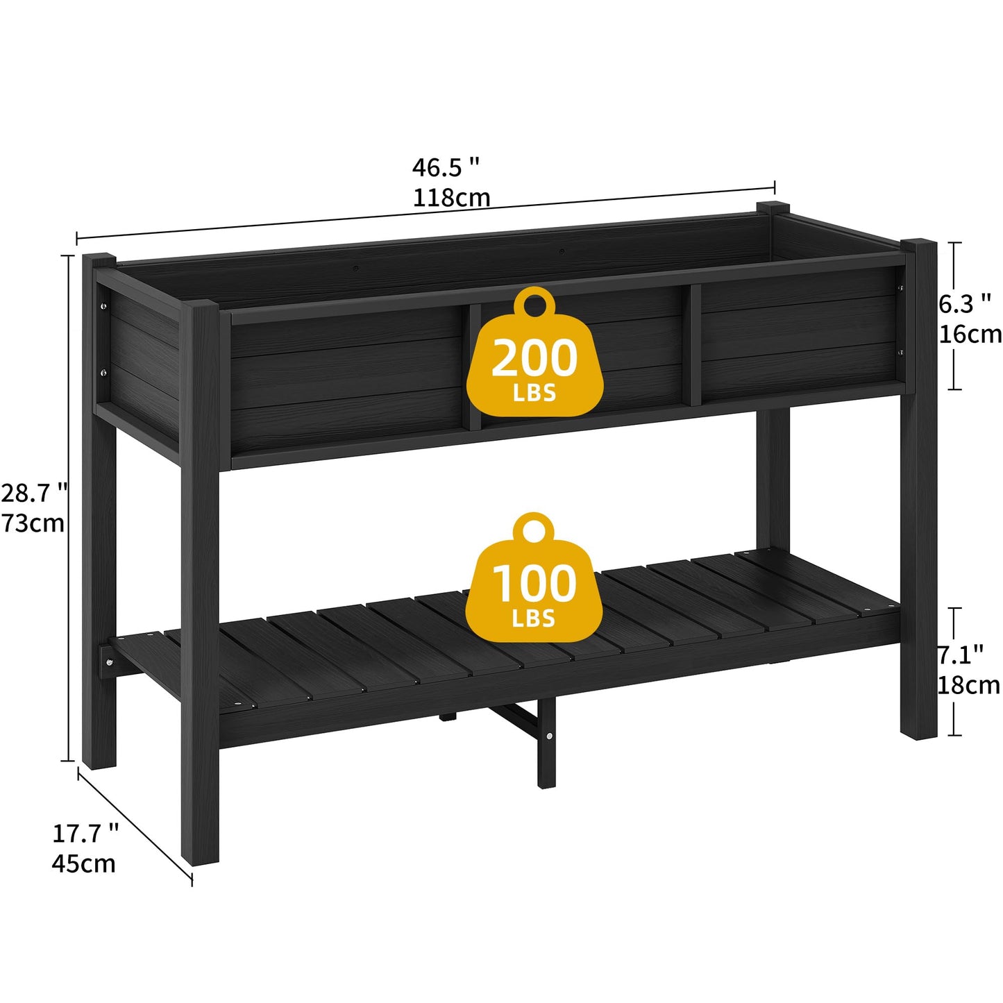 DWVO 48x18x30in Raised Garden Bed Kit, HDPE Planter Box Stand, Poly Wood Weather-Resistant Planter Box with Legs & Storage Shelf, Elevated Garden Bed for Backyard, Patio, Balcony,Black