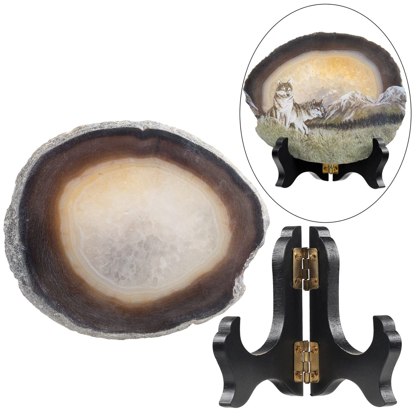 TUMBEELLUWA Natural Irregular Agate Slice Painting Decor with Wooden Stand Agate Geode Slab for Desk Hallway, Wolf
