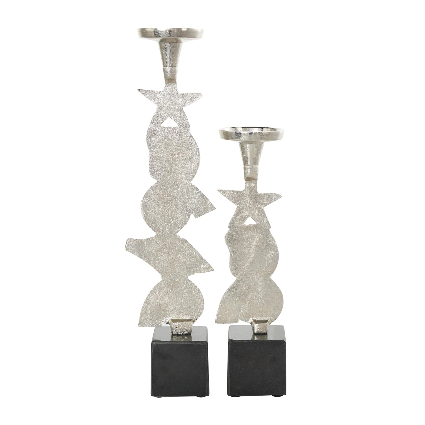 Deco 79 Aluminum Metal Shell Decorative Candle Holder Candle Stand with Black Marble Bases, Set of 2 Candlestick Holder 20", 14" H, Silver