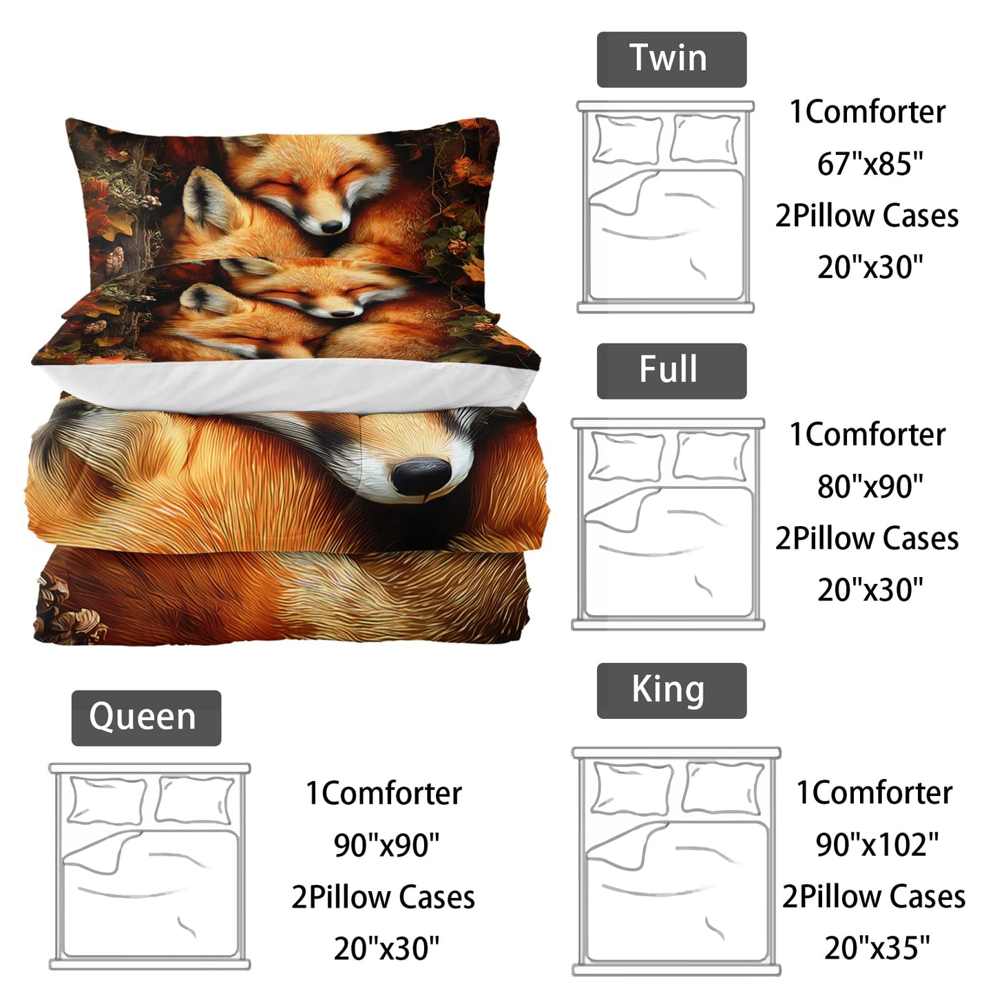 Nttopship Fox Comforter Set 3-Pieces Twin Size,Cute Foxes Bedding Set for Kids Boys Girls Cute Animal Comforter Wildlife Quilt Set 3D Animal Plants Leaves Printed ThemeComforter with 2 Pillowcases