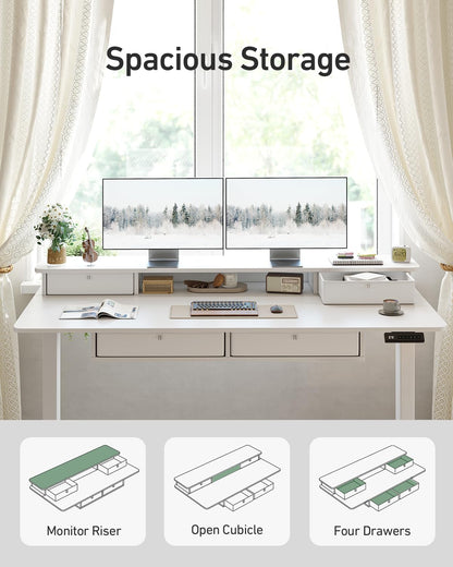 CubiCubi 60" x 30" Standing Desk with Drawers, Height Adjustable Electric Workstation, Computer Sit Stand Up Table with Large Storage Shelf 4 Drawers and 2 Hooks, White