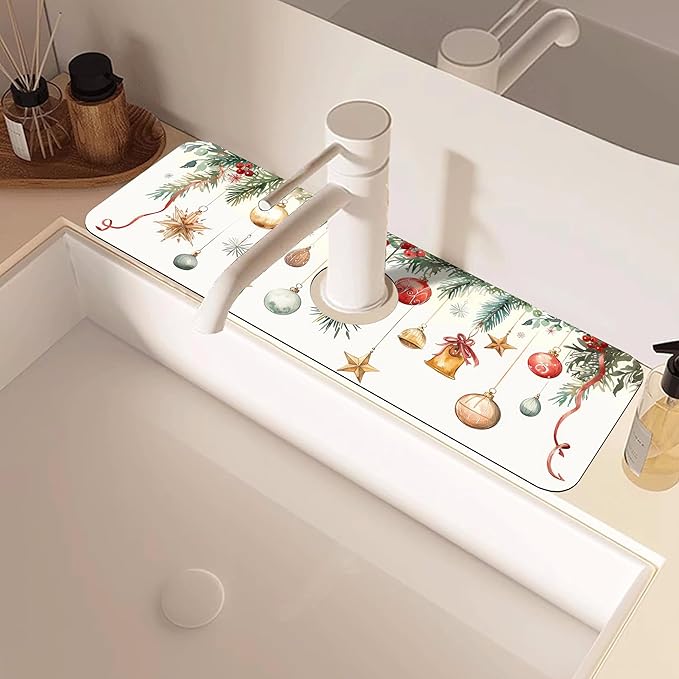 Christmas Star Balls Bells Kitchen Sink Splash Guard Mat Absorbent Fast Drying