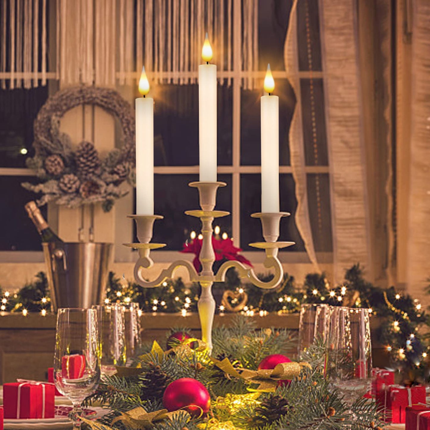Bociks Flameless Window Candles with Remote Timer 10 PCS Battery Operated LED Flickering Taper Candle Lights with Removable Gold Candle Holders Best Gift for Xmas Wedding Home Dinner Decor