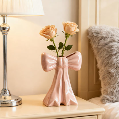 Disoza Bow Vase Pink Vase Ceramic Cute Decorative Flower Tulip Farmhouse Dazzling Modern Home Decor Pampas Grass for Table Bathroom Shelf