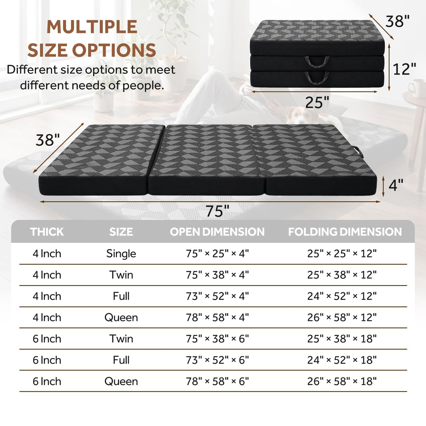 Tri Folding Mattress Twin Size - Memory Foam Tri-fold Mattress, Handle & Non-Slip Bottom, Portable Foldable Sofa Bed Floor Chair for Travel RV Camping Guest Yoga - 4 Inch, 75" 38"x4"