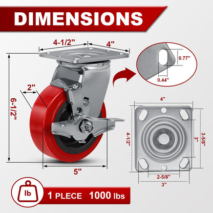 5 Inch Caster Wheels, Polyurethane on Polyolefin Core Wheel- Capacity up to 1000 Lbs Per, Use for Platform Truck, Industrial Equipment (1 Brake)