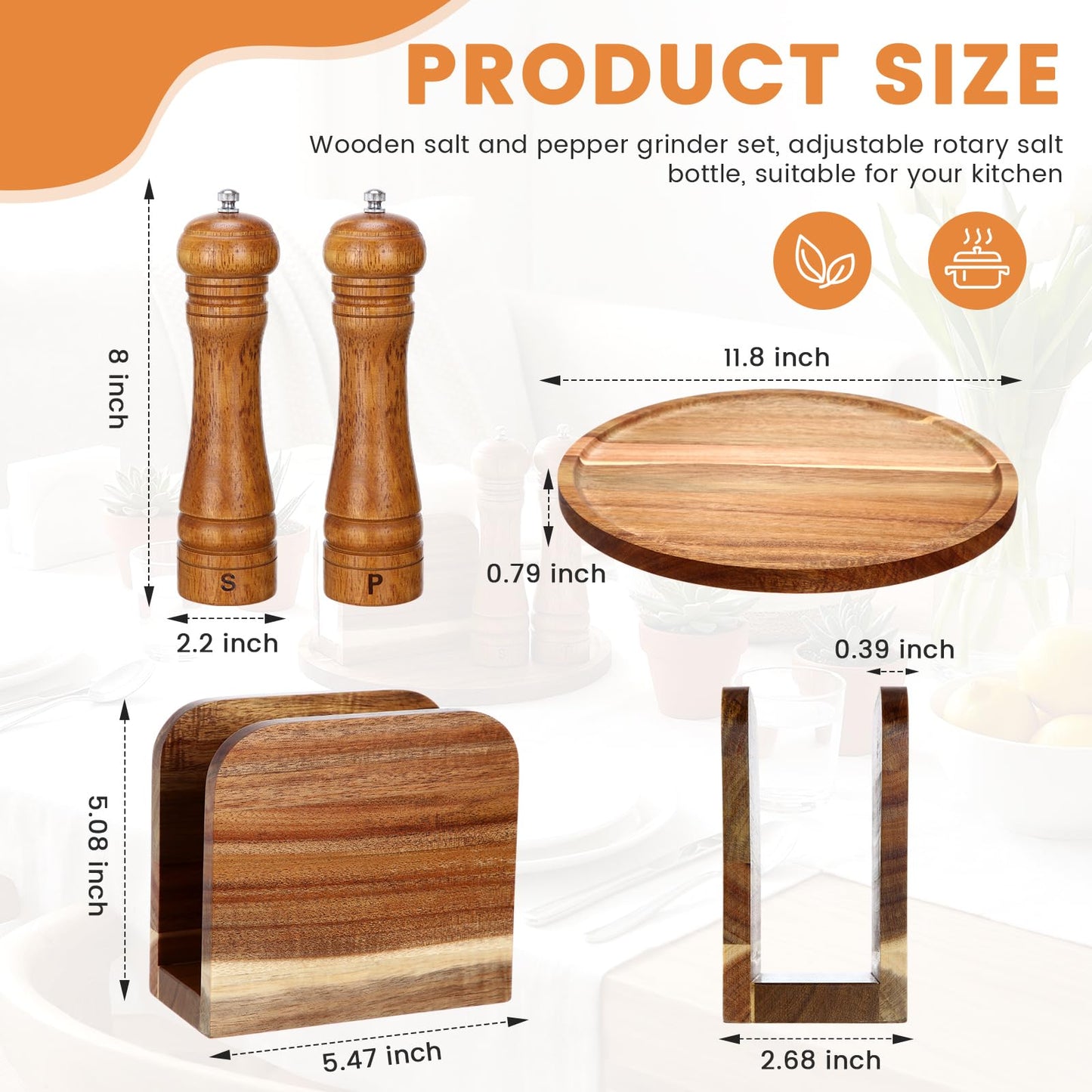 4 Pcs Rustic Farmhouse Decor Set Acacia Wooden Napkin Holder Salt and Pepper Shakers and 12" Round Wood Tray Spice Rack Table Tray for Kitchen Countertop Dining Table Centerpieces(Brown)