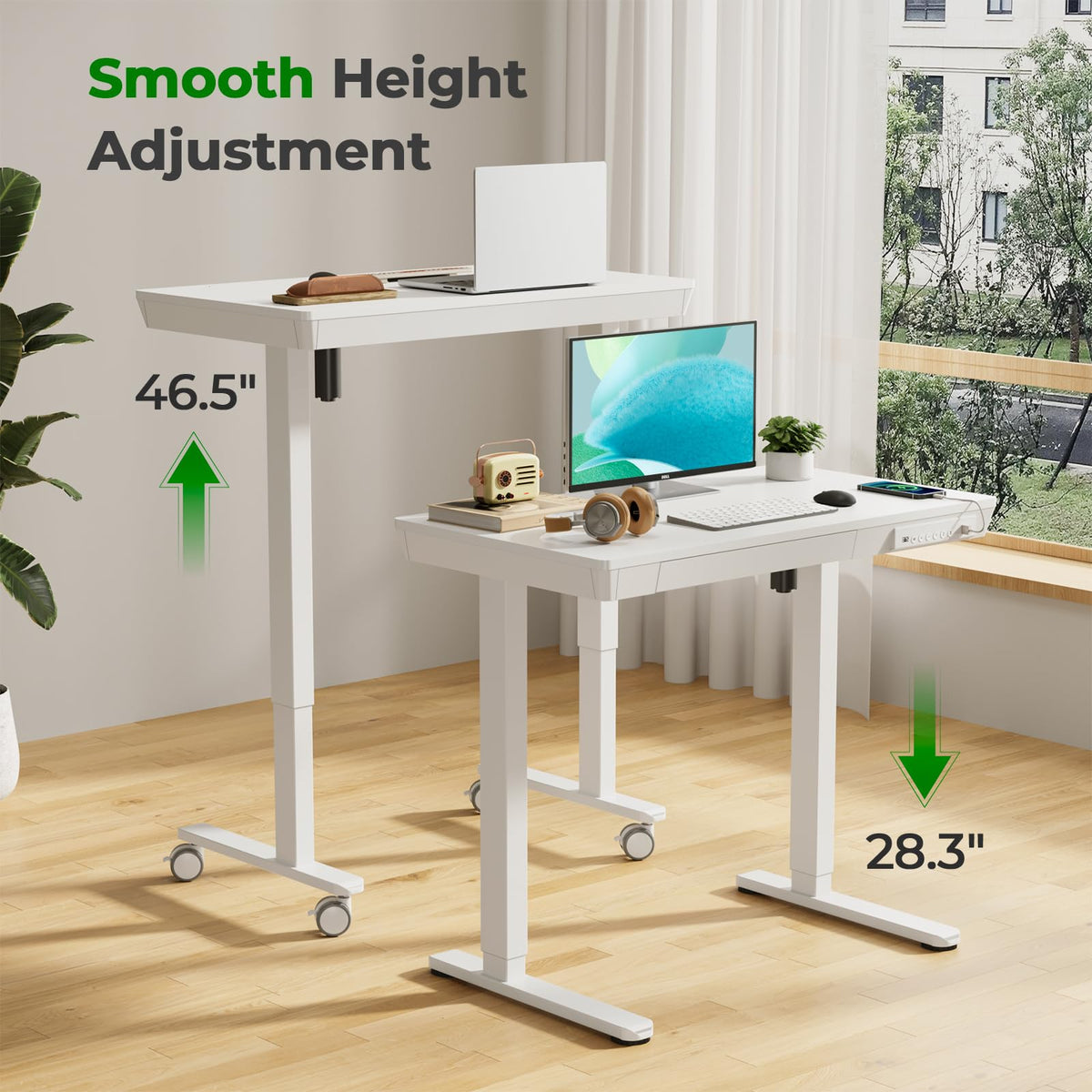 JYLH JOYSEEKER Electric Standing Desk with Drawer, 35" x 20" Whole Piece Tabletop Small Sit Stand Desk, Height Adjustable Desk with Storage & USB Ports, Quick Install Home Office Computer Desk, White