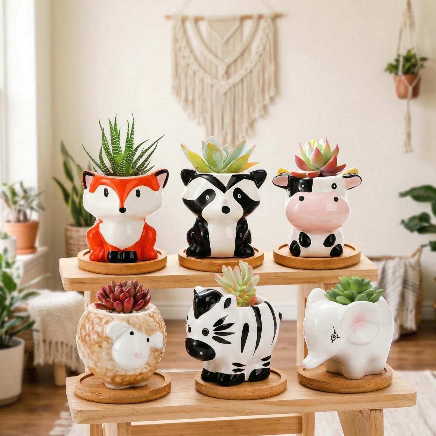 Pumtus 6 Pack Small Succulent Pots with Drainage Hole, 3 Inch Cute Ceramic Animal Planter with Saucer, Unique Air Plant Holder, Desktop Plant Flower Pot for Indoor Plants, Cactus, Garden, Home Decor