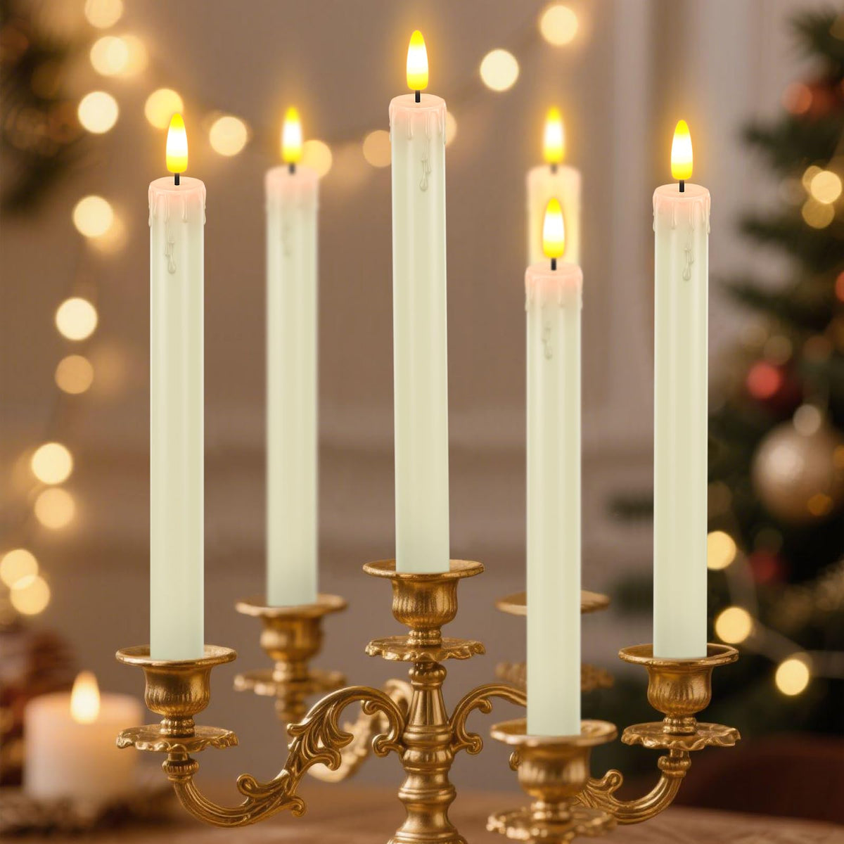 HL Flameless Taper Candles with Remote Timer, 450H+ Long Lasting Battery Operated LED Candlesticks with Warm 3D Flickering Flame, 9.6" Window Candles for Halloween Christmas Home Decor (Ivory 6Pcs)