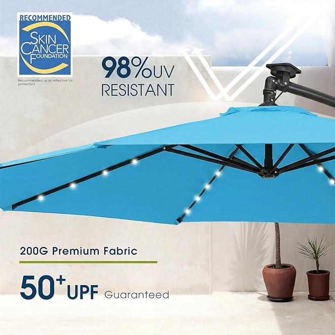 wikiwiki 10ft Solar LED Patio Umbrella with Base Included, Offset Umbrella with Weighted Sandbag Base, Cantilever Patio Umbrellas for Backyard, Garden & Deck, 32 LED Lights & Polyester Shade, Sky Blue