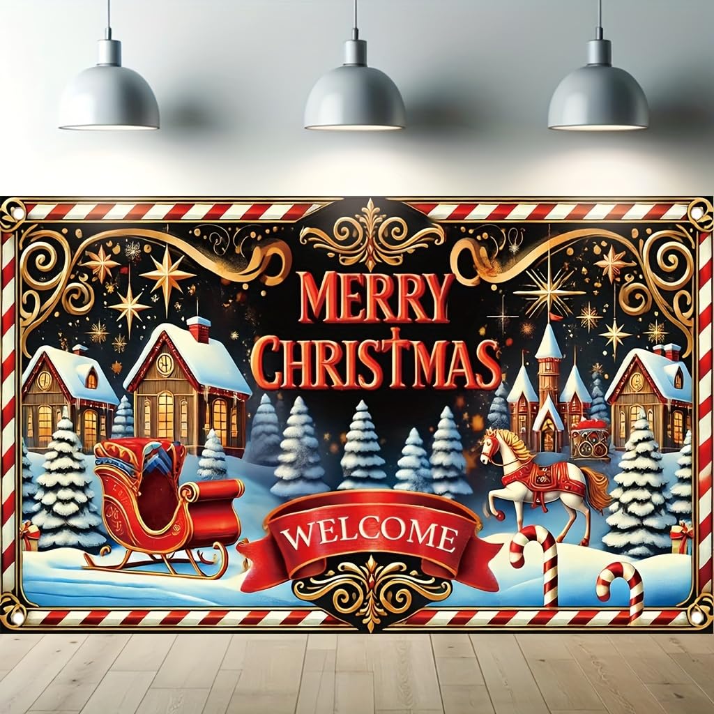 Tomhong Merry Christmas Welcome Sign 71x43inch Large Outdoor Yard Banner forWinter Holiday Party Porch Decoration Festive Xmas Scene with Sleigh Horse Candy Cane andSnowy Village