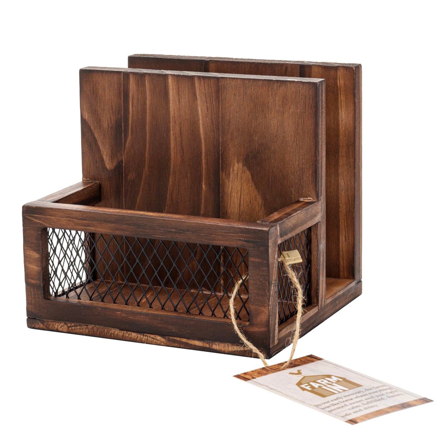 FARM IN Napkin Holder, Farmhouse Multifunctional Napkin Holder with Salt and Pepper Shakers Holder for Home Kitchen Table Centerpiece and Commercial, Rustic Solid Burnt Wood & Diamond Metal Wire Mesh