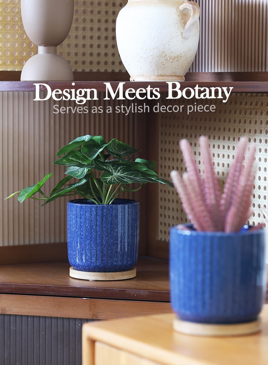 BABALIU 4 Inch Ceramic Plant Pots with Saucer & Drainage Hole, Cylinder Reactive Glaze Blue Vertical Stripes Planters with Trays for Herbs, Cactus, Flower, Small Snake Plants, Succulents, Set of 4