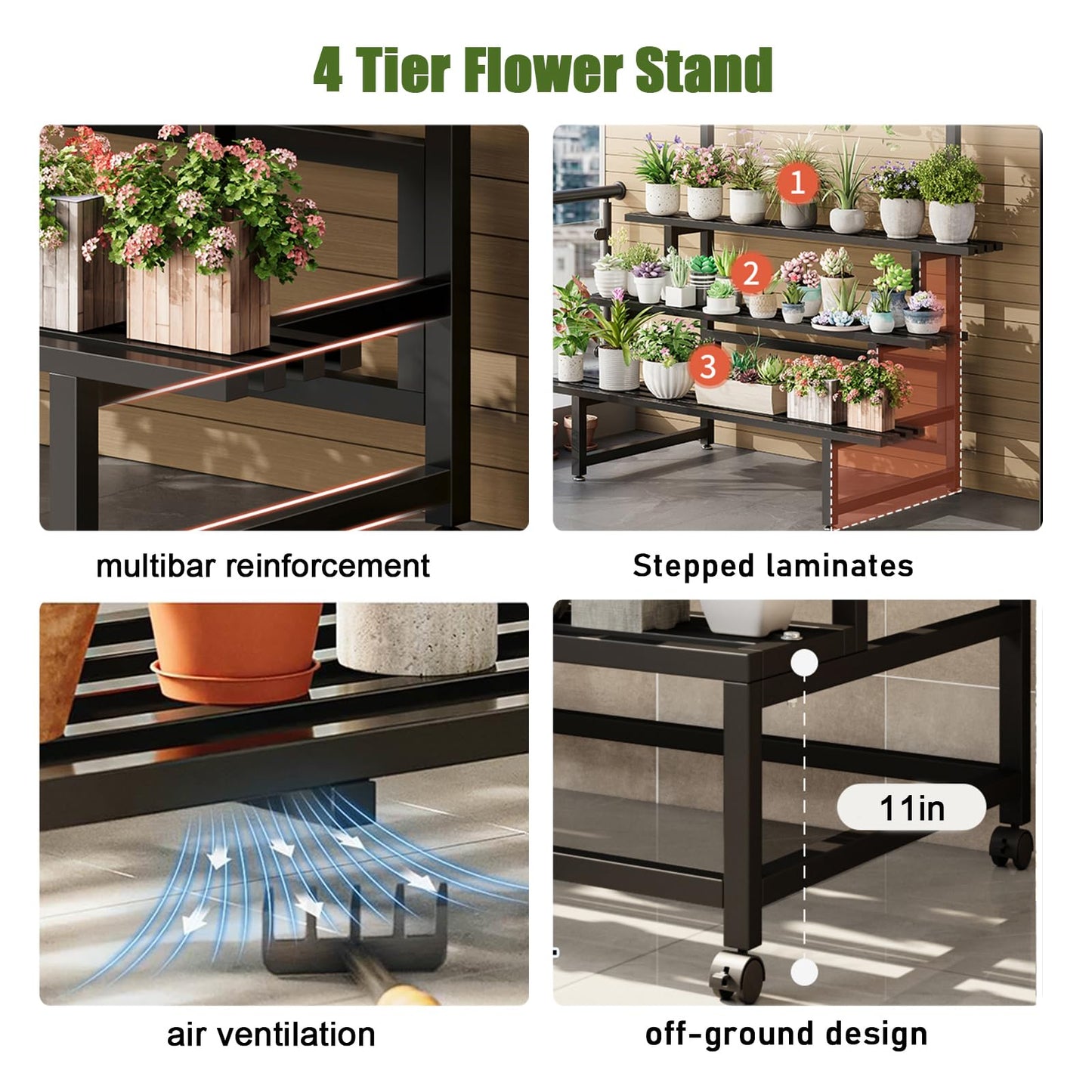 GFFQLXHT 4Tier Sturdy Metal Plant Stand with Wheels, 31x24x65 Inch HighBlack Multiple Tiered Flower Display ，Heavy Duty Succulent Shelf for Home Indoor and Outdoor，Stair Shape，440 LBS Capacity (31in)