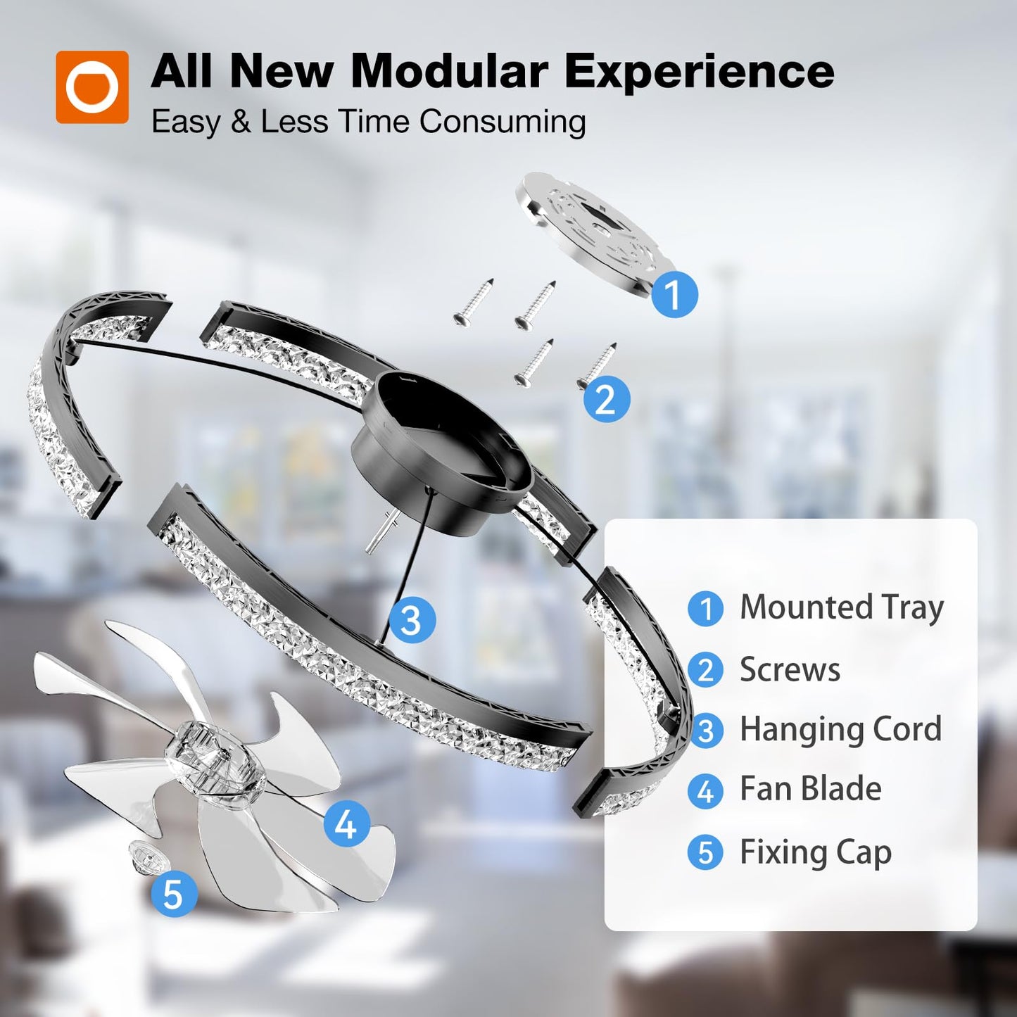 addlon Ceiling Fans with Lights and Remote, 24'' Low Profile Flush Mount Ceiling Fan, 3000–6000K Dimmable LED Fandelier, Bladeless Crystal Fan Light for Bedroom, Kitchen, Living Room, Black