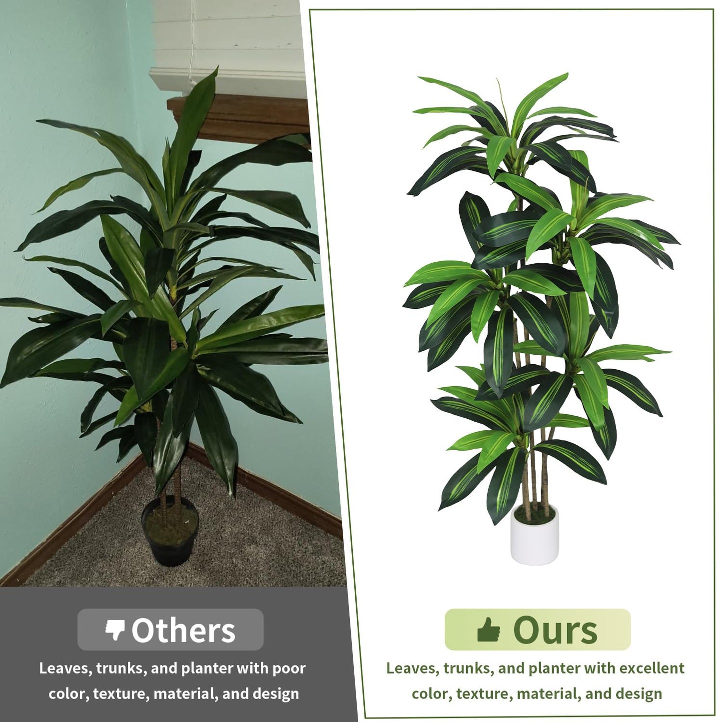 Artificial Dracaena Tree 5FT - Fake Plants Tree with White Planter - Faux Yucca Tree Tall with Lifelike Trunk and Leaves in Pot - Dracaena Artificial Plant for Home Office Living Room Decor