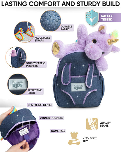 Naturally KIDS Small Unicorn Backpack - 3-4 Year Old Girl Gifts - Toddler Backpack for Girl Boy w Stuffed Animal - Toys for 3 Year Old Girls - w Pockets & Reflective Logo - Backpack w Purple Unicorn
