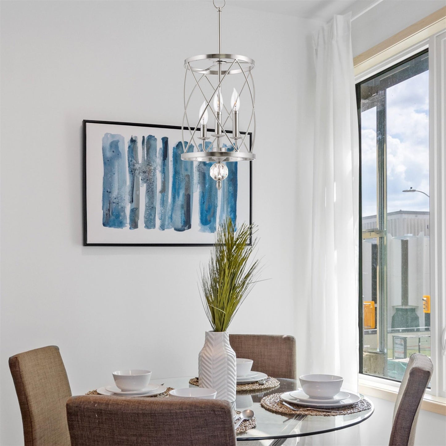 Kira Home Eleanor 27" Modern 3-Light Geometric Lantern Chandelier, Cylinder Trellis Cage Pendant Light with Crystal Finial, Brushed Nickel Finish