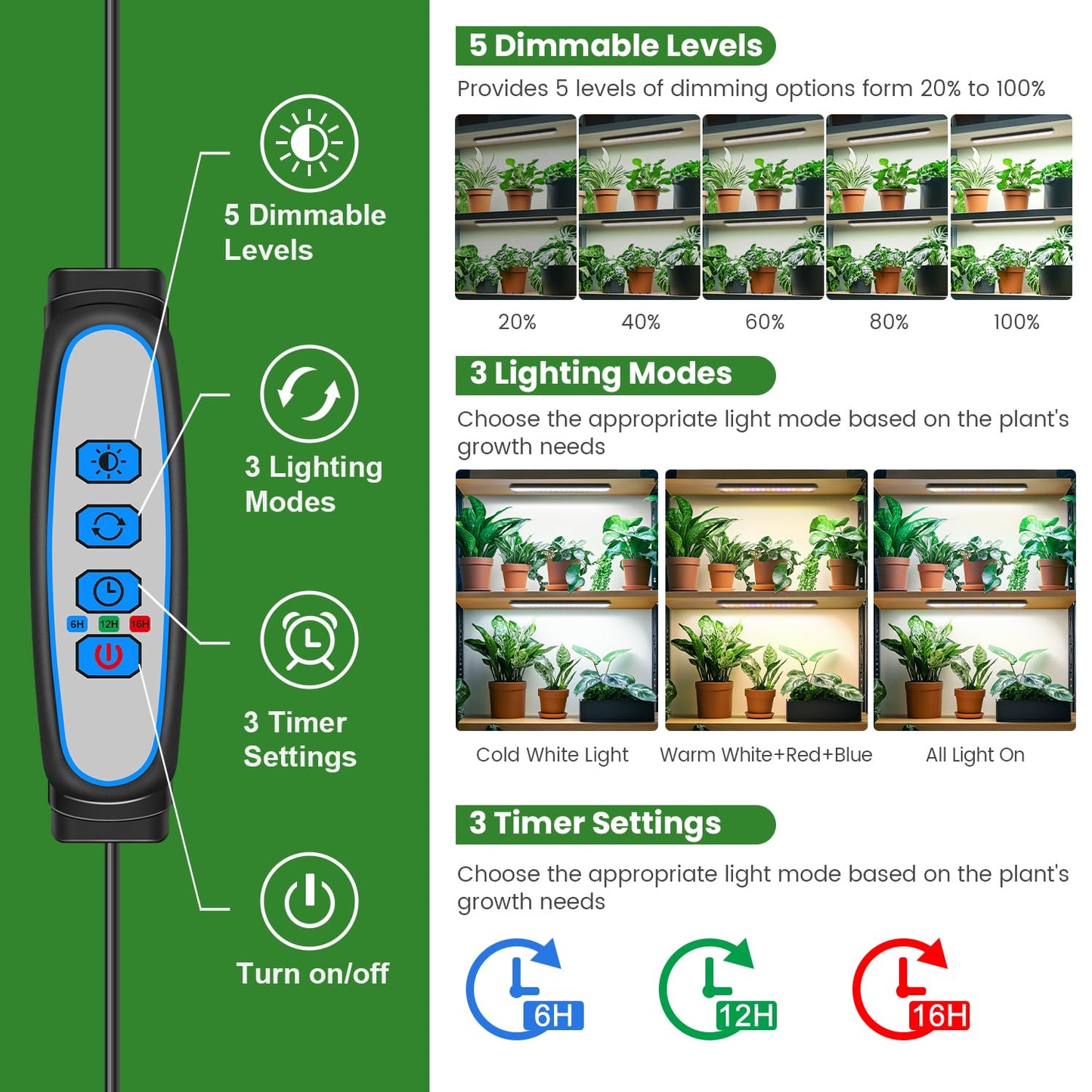 Wolezek Grow Lights for Indoor Plants, 210 LEDs Full Spectrum Plant Grow Light Strips with 6/12/16H Auto Timer, 13.8 Inches Bright Grow Lamp Bar for Plant Shelves and Cabinet, 2 Pack
