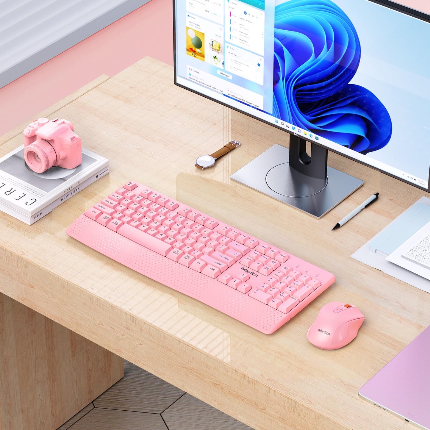 MEETION Wireless Keyboard and Mouse, Full-Sized Cordless Keyboard with Wrist Rest and 3 DPI Adjustable Mouse, Keyboard and Mouse Set with 2.4GHz USB Receiver, for PC/Computer/Laptop/Windows/Mac, Pink