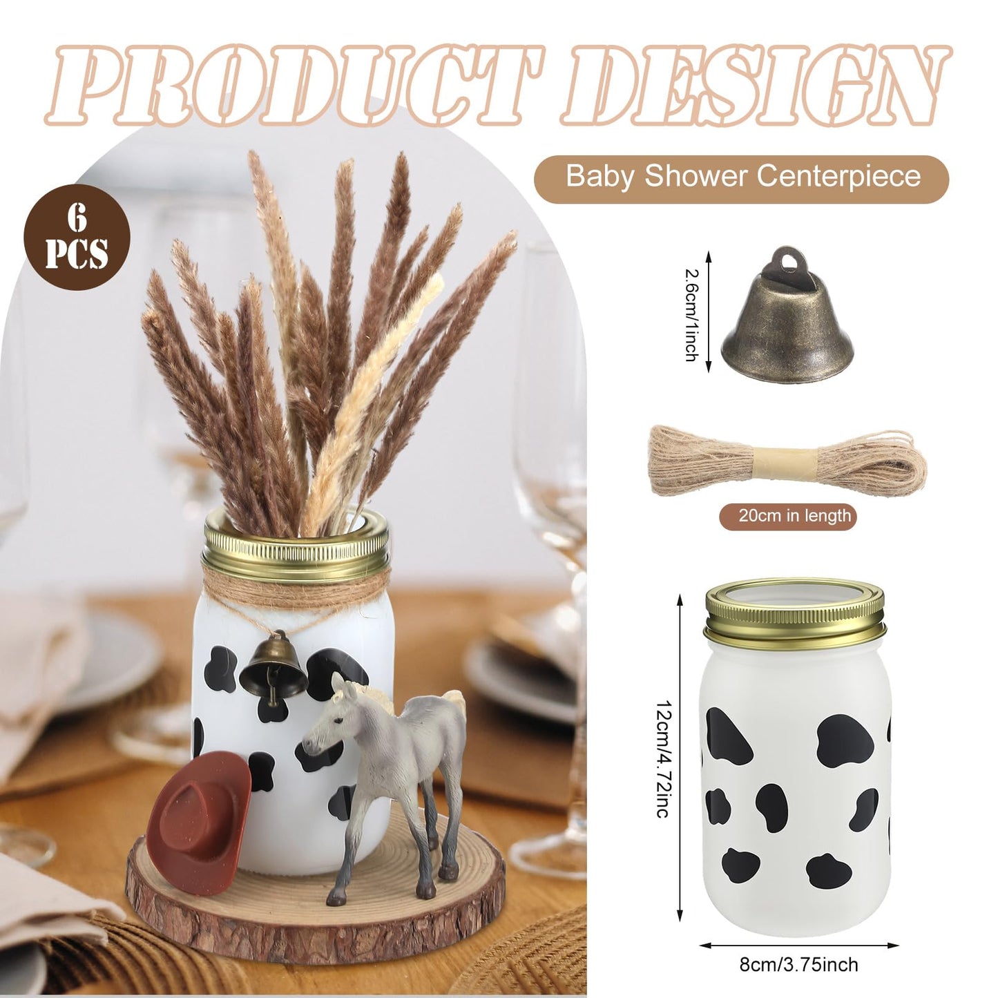 Chunful 6 Pcs Western Cowboy Mason Jars Centerpieces with Brass Bells for Table Cowboy Baby Shower Decorations Cow Print Western Theme Party Baby Shower Table Centerpieces