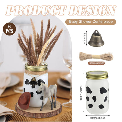 Chunful 6 Pcs Western Cowboy Mason Jars Centerpieces with Brass Bells for Table Cowboy Baby Shower Decorations Cow Print Western Theme Party Baby Shower Table Centerpieces