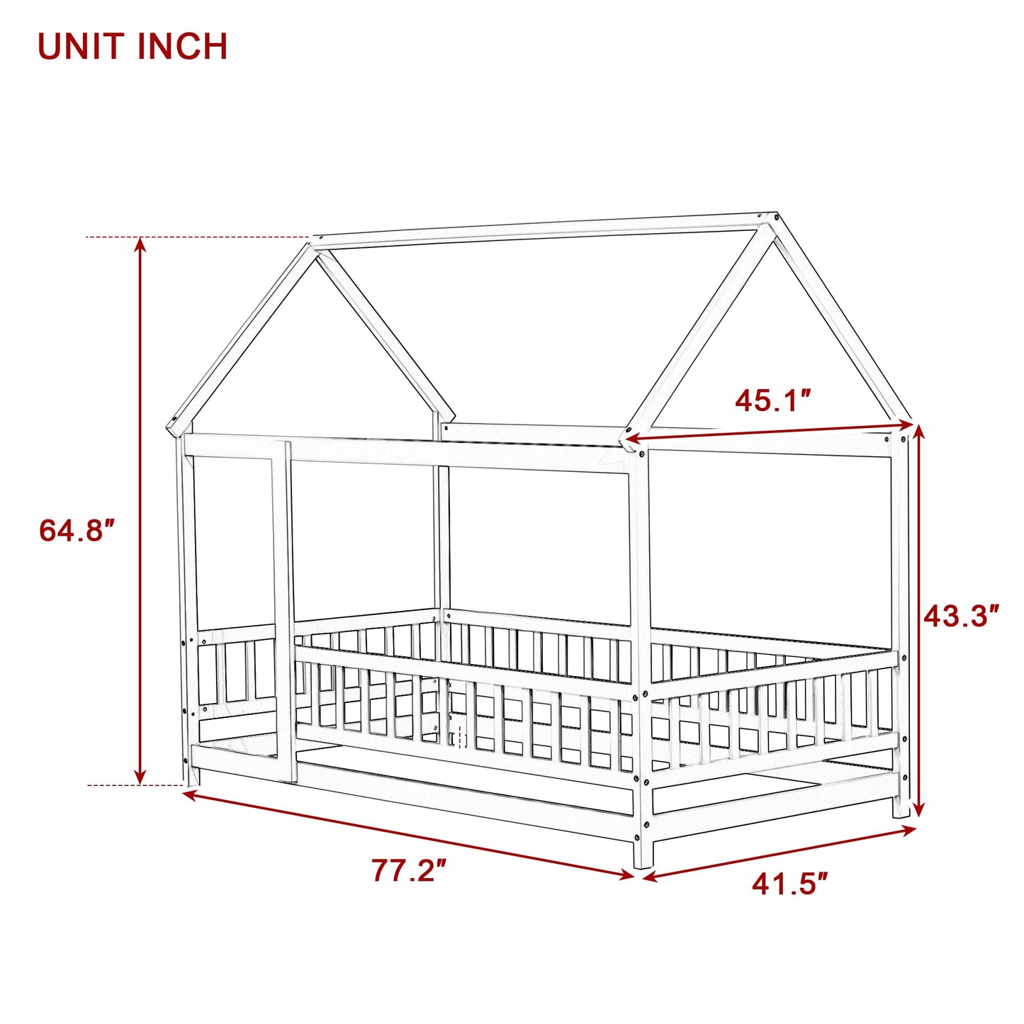 PVWIIK Twin Montessori Floor Bed with High Rails & Roof for Kids Bedroom,High Rails Bed Frame with Fence,No Box Spring Needed, White