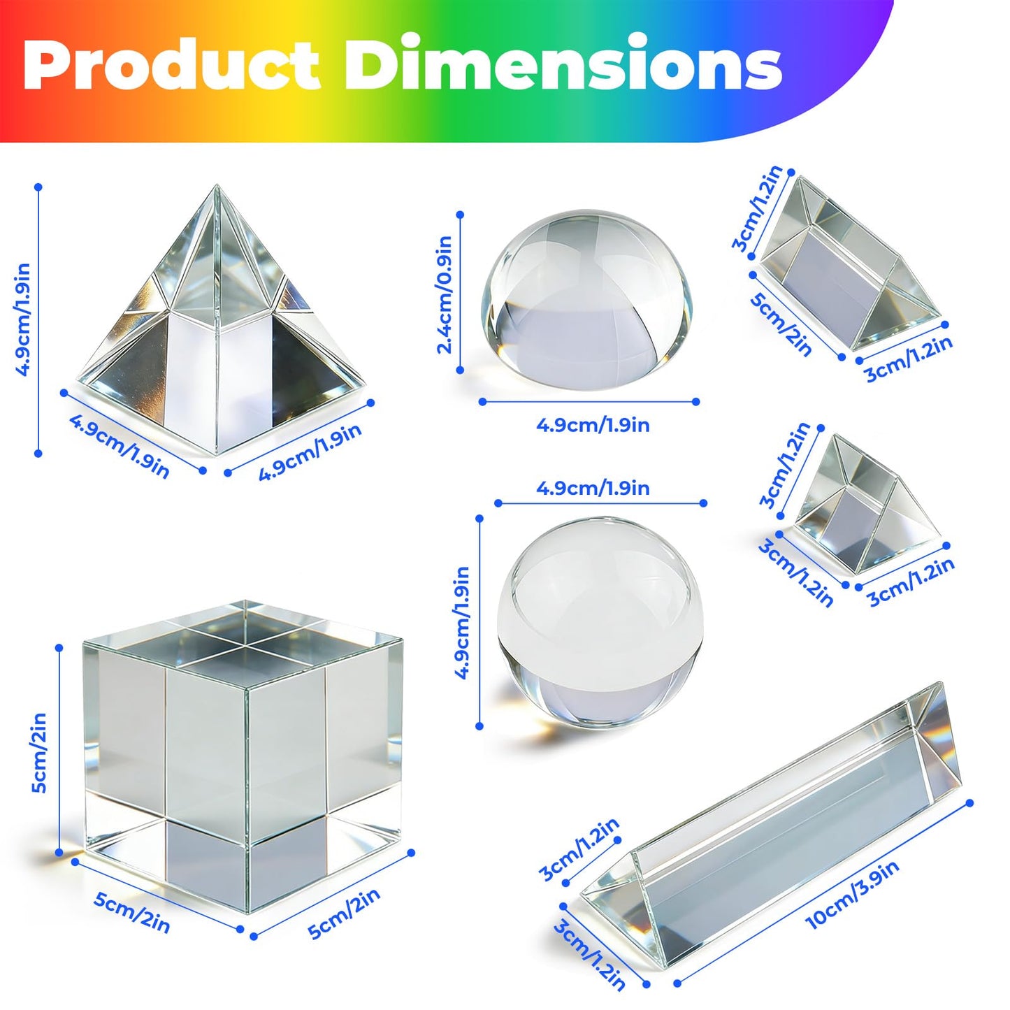 7 Pack K9 Optical Crystal Photography Prism Set, Include 1-4in Triangular Prism, 2in Crystal Glass Prism Cube, 2in Crystal Ball, 2in Dome Magnifier, Light Prism for Physics Teaching Photography Play