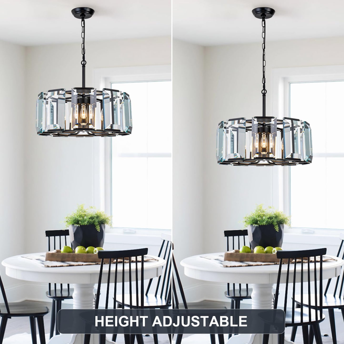 ASHUAQI 20" Modern Crystal Chandelier for Dining Room, 5-Light Black Glass Chandelier, Round Crystal Pendant Light Fixture for Kitchen Island Living Room Entryway Foyer Hallway