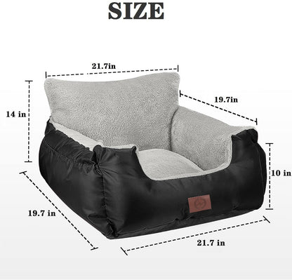 GoFirst Dog Car Seat for Small Dogs or Cats, Pet Booster Seat Travel Car Bed with Storage Pocket and Clip-On Safety Leash, Waterproof Warm Plush Dog Car Safety Seats,Black