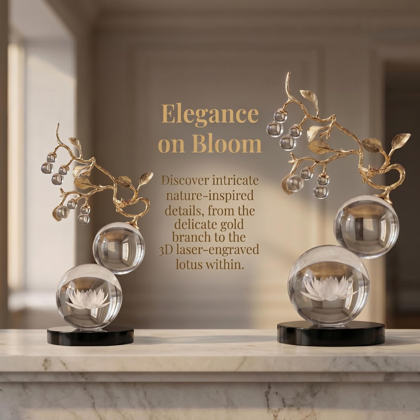 Mataura Clear Glass Sculpture, Nature Inspired Decorative Statue with Gold Metal Branch - Minimalist Desk Sculpture Home Decor for Tabletop Living Room Shelf Desk Office - Unique Housewarming Gift