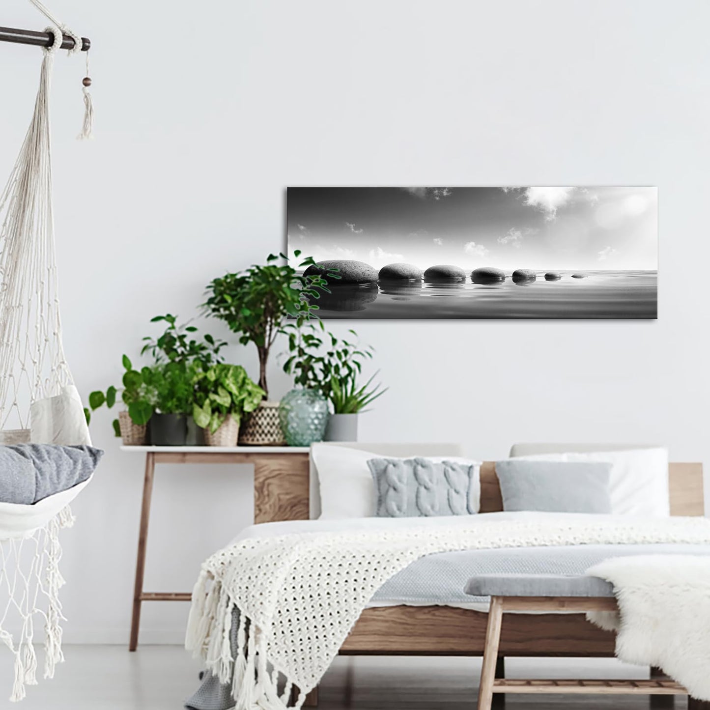 iKNOW FOTO Large Tranquil Zen Stones Canvas Print Monochrome Spa Wall Decor for Home & Office - Serene Nature Artwork for Living Room, Bathroom Mindfulness Black & White Picture 20x55 Inch