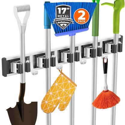 reliahom Broom Holder Wall Mount Mop and Broom Hanger Wall Mounted Garage Storage Rack Kitchen Garden Tool Organizer (4 Racks with 5 Hooks, Silver)