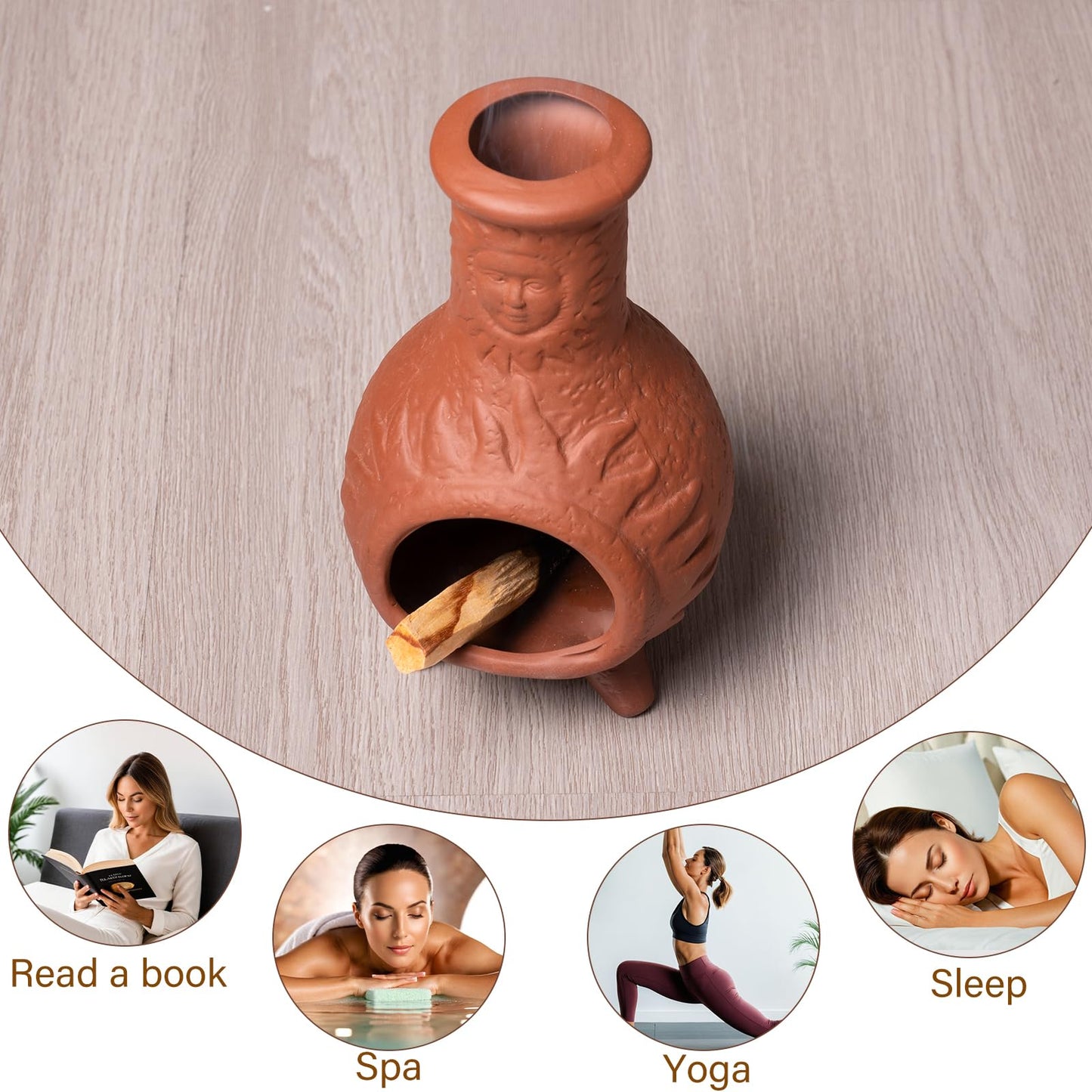 Handcrafted Terracotta Palo Santo Holder with Sun Face Design - Mini Chiminea Incense Burner for Sage & Copal - Thoughtful Gifts for Meditation, Yoga, Aromatherapy