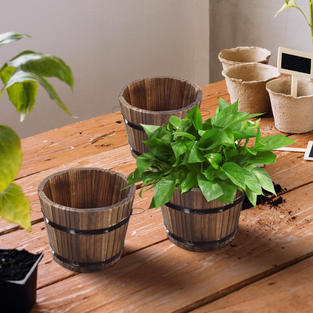 Healeved Wooden Round Barrel Planter Flower Pot for Succulents with Permeable Bottom 7.08X7.08X5.9 Inches Indoor Outdoor Home Office Garden D Cor