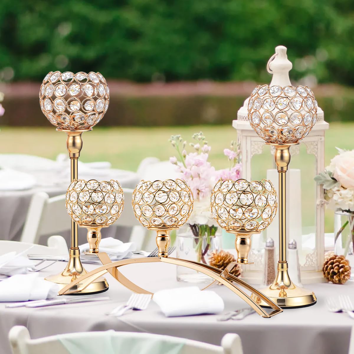 VINCIGANT Set of 3 Gold Candle Holders Wedding Table Centerpieces,Tealight Candlestick Candelabra Stand with 3 Arms for Fireplace Home Living Room Decor,Valentine's Day Housewarming