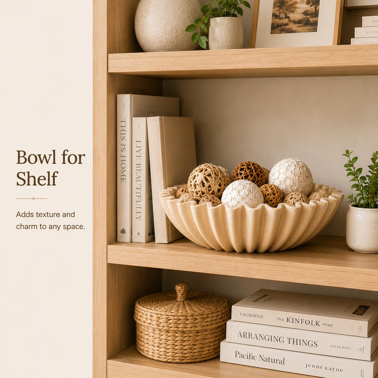 LIN CHUAN Ruffle Decorative Bowl, Large Fruit Bowl for Kitchen Counter, Stylish Key Bowl for Entry Table, Handcrafted Home Decor Display bowl, Artificial Stone Beige