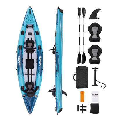 VEVOR 2-Person Inflatable Kayak, 14'4" x 3'7" – Extra Spacious for Family & Dogs, 700-lb Capacity Sit-in Kayak with Accessories, Includes 2 Paddles, Pump & Carry Bag – Perfect for Fishing and Touring