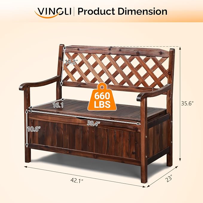 VINGLI Outdoor Storage Bench, Large Wood Deck Box with Seating, Weatherproof Outdoor Bench with Storage Loveseat, 2-Person Wooden Patio Bench for Entryway, Backyard, Garden