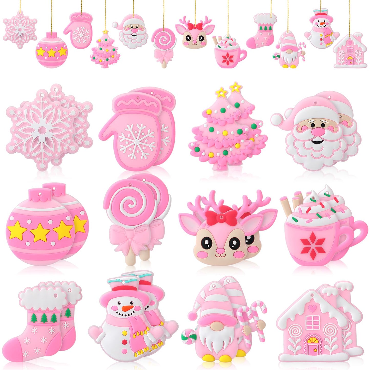 Lunmon 24 Pcs Pink Christmas Ornaments PVC Pastel Ornaments for Christmas Tree Santa Claus Gingerbread House Gnomes Xmas Baubles Winter Decorations for Xmas Tree Party Holiday Decor