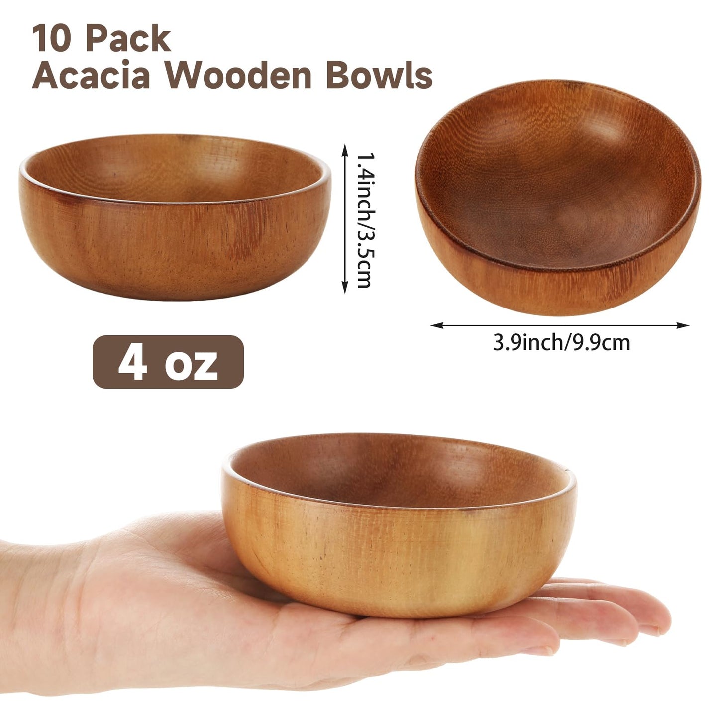 GBACHOOSE 10 Pack Small Wooden Bowls, 4 Inch Acacia Wood Bowls for Snacks, Nuts, Candy, Dipping Sauce, Condiments, Appetizers, Charcuterie Boards and Food Prep, Natural Brown