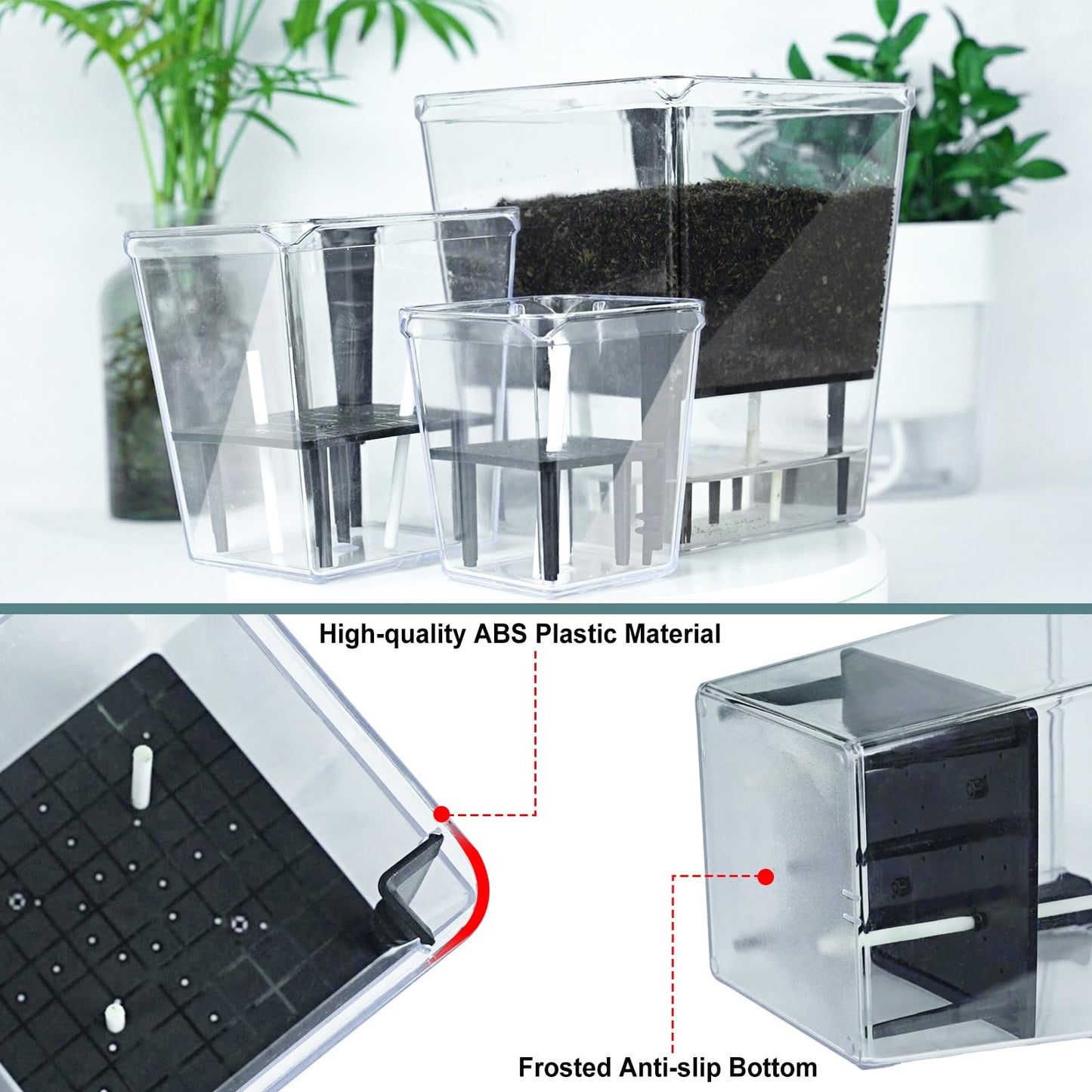 IWNTWY Self Watering Pots Set, 3 Pack 5/4.1/2.7 Inch Self Watering Pot for Indoor Plants, Clear Flowers Pot Planter with Deep Reservoir for Spider Plant, Orchid, African Violet